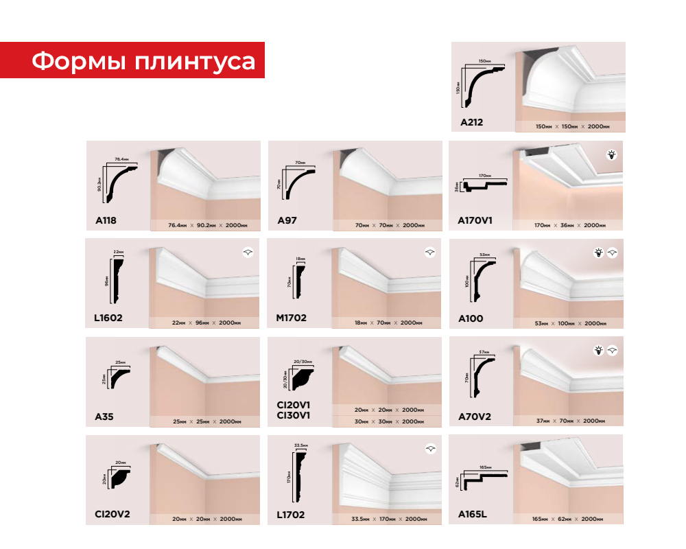 Плинтус потолочный из полистирола высокой плотности HI-WOOD A70V1 70х21мм 2,0м